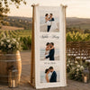 A custom linen banner for a wedding featuring a couple and the date 07.14.2026 set outdoors.