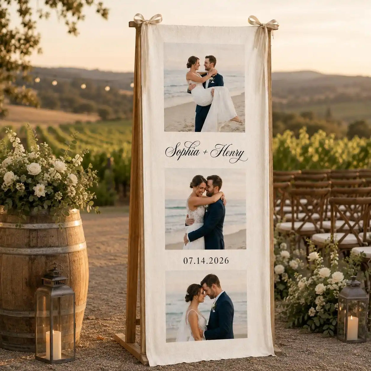 A custom linen banner for a wedding featuring a couple and the date 07.14.2026 set outdoors.