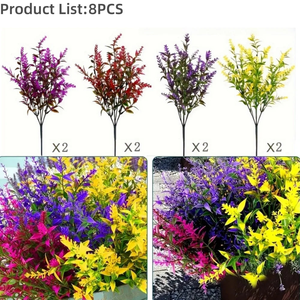 A collection of artificial lavender stems in various colors including purple, red, and yellow for outdoor decoration.