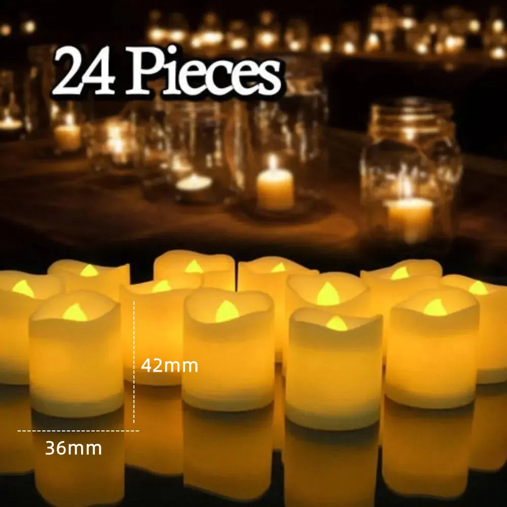A collection of 24 glowing yellow LED tea light candles displayed on a dark surface.