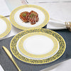 A set of elegant gold rim plastic dinner and dessert plates featuring a leopard print design on the rim.