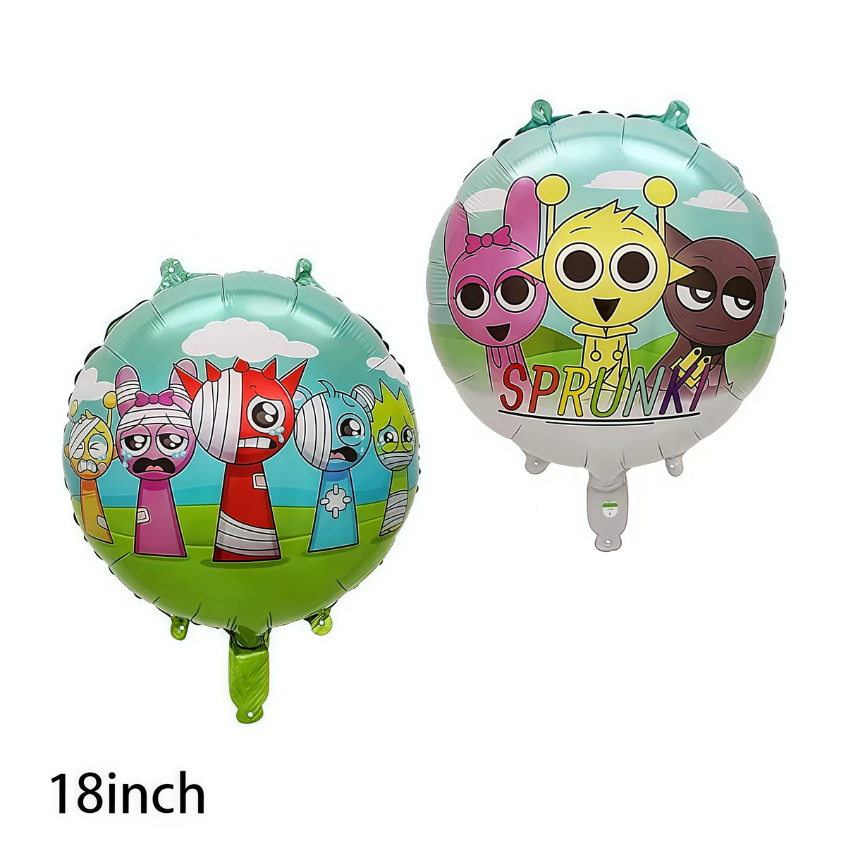 A set of inflatable balloons featuring various Sprunki characters and designs for a party.