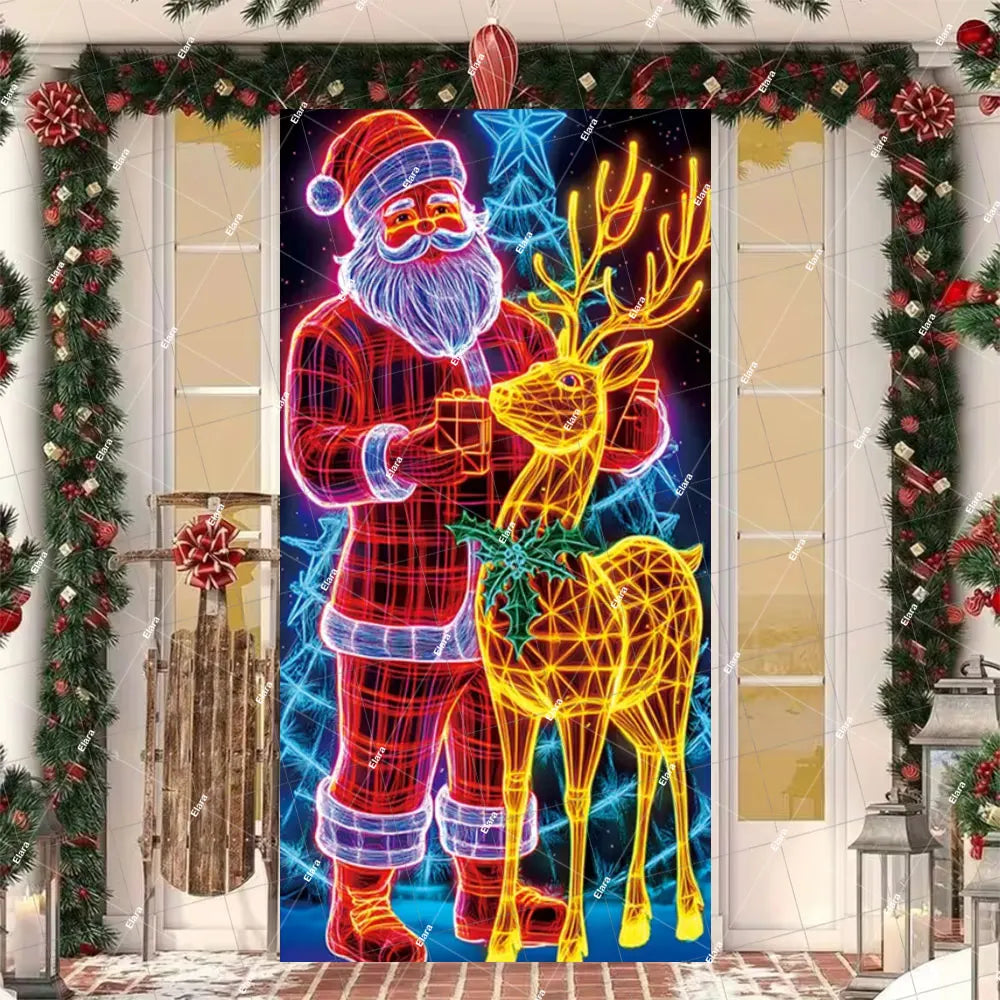 A vertical banner featuring a Christmas Santa and an elk design, framed by evergreen garlands.
