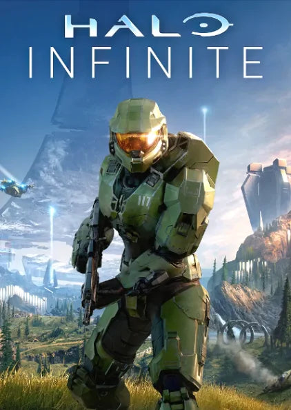 A futuristic soldier in green armor stands in a grassy field with a large spaceship in the background.