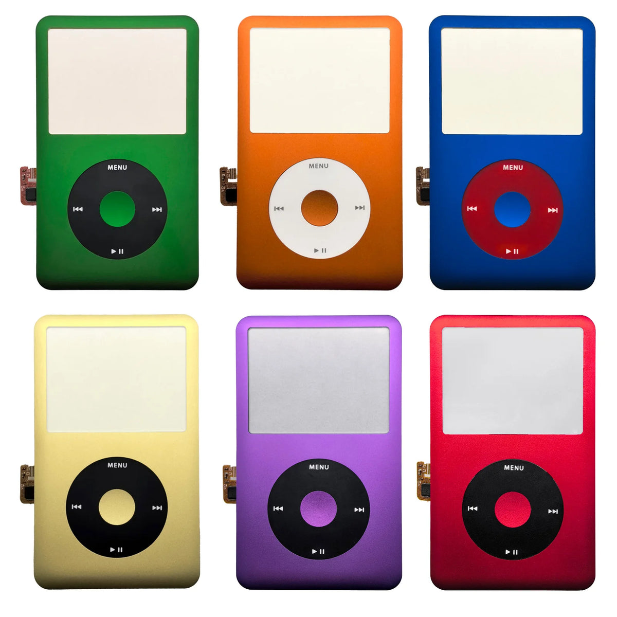 A set of six iPod Classic front faceplates in various colors including green, orange, blue, yellow, purple, and red with clic