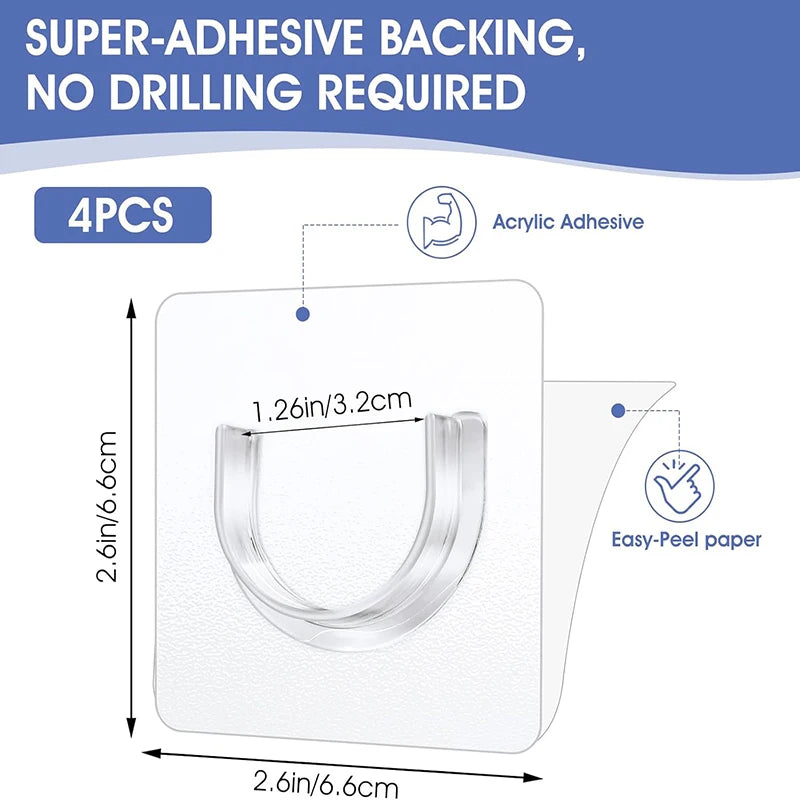Four pieces of clear acrylic adhesive backing for non-drilling curtain rod brackets.