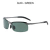 A pair of green gun style sunglasses with a silver alloy frame.