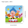 A colorful paper napkin set featuring cartoon circus characters and a clown on a stage.