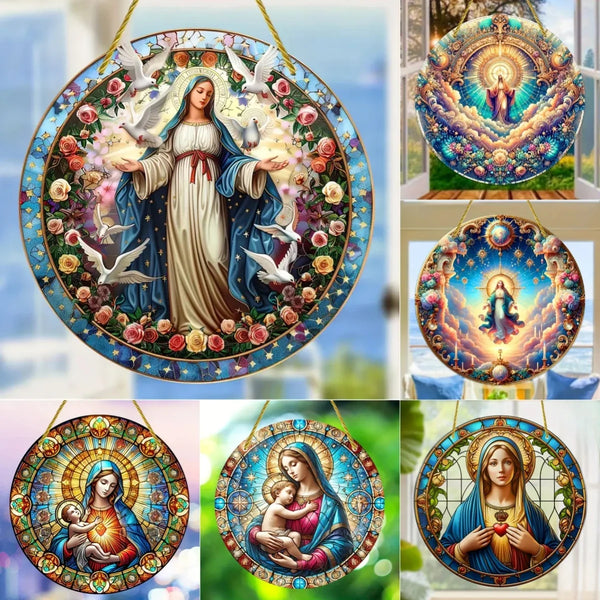 A collection of translucent acrylic Mary suncatchers featuring various depictions of the Virgin Mary and Christ.