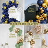 Various arrangements of blue, gold, and white balloons used for birthday party decoration