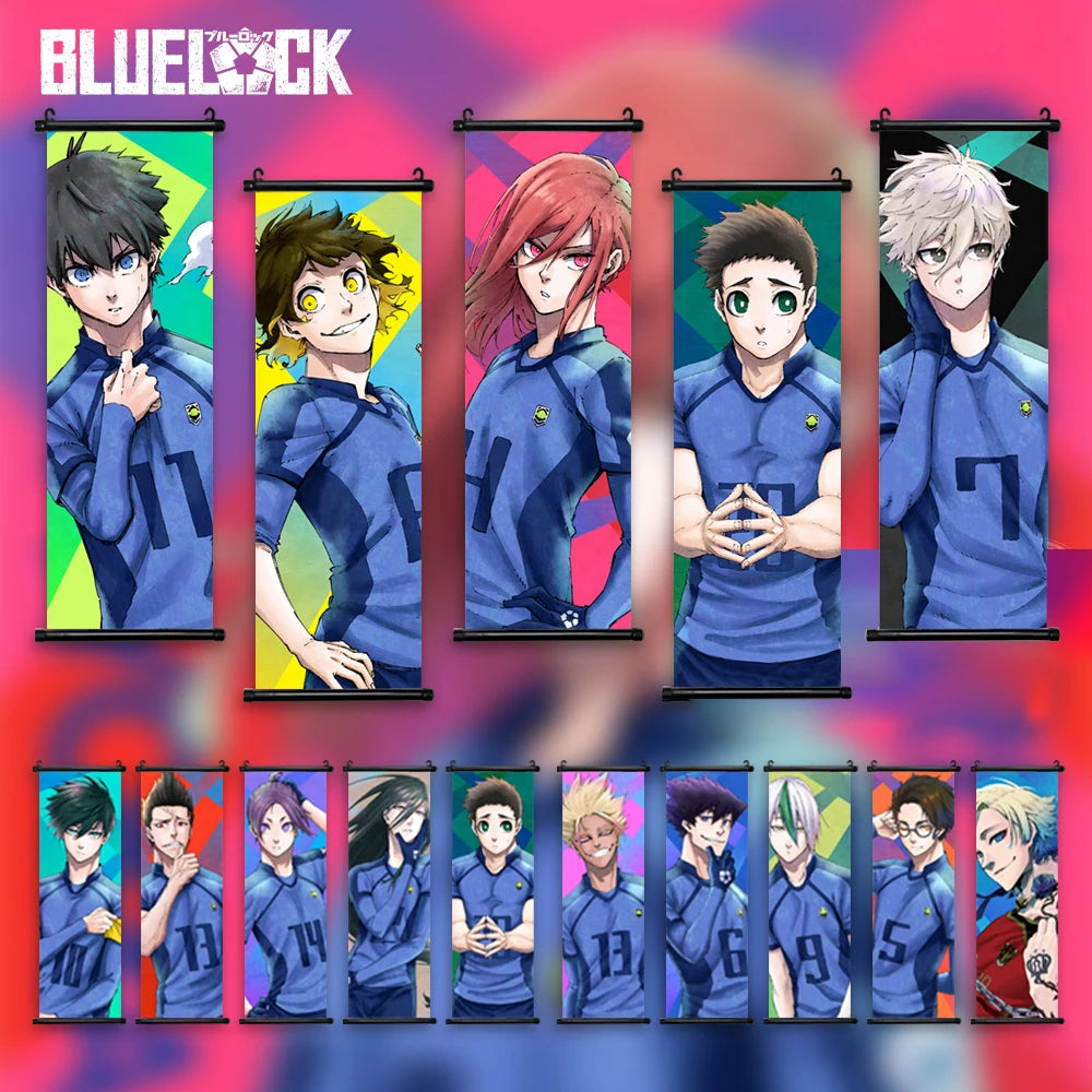 A collection of anime character posters featuring Isagi Yoichi and Chigiri Hyoma in various poses.