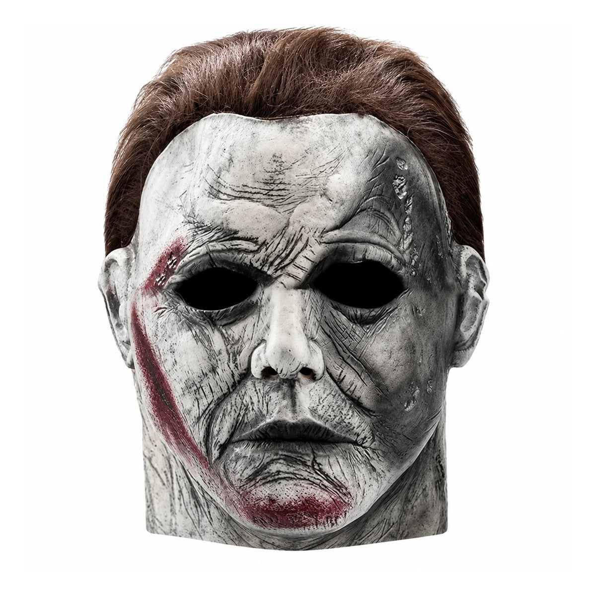 A realistic latex mask of Michael Myers featuring a weathered face and bloody scar details.