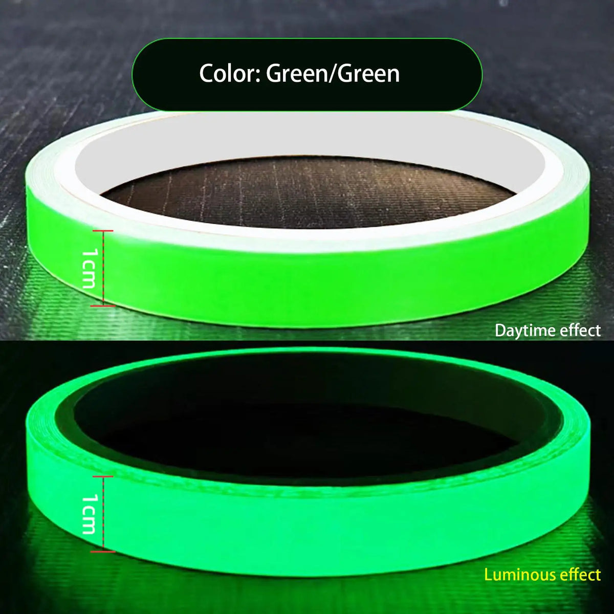 A bright green glow-in-the-dark safety warning tape showing daytime and luminous effects.