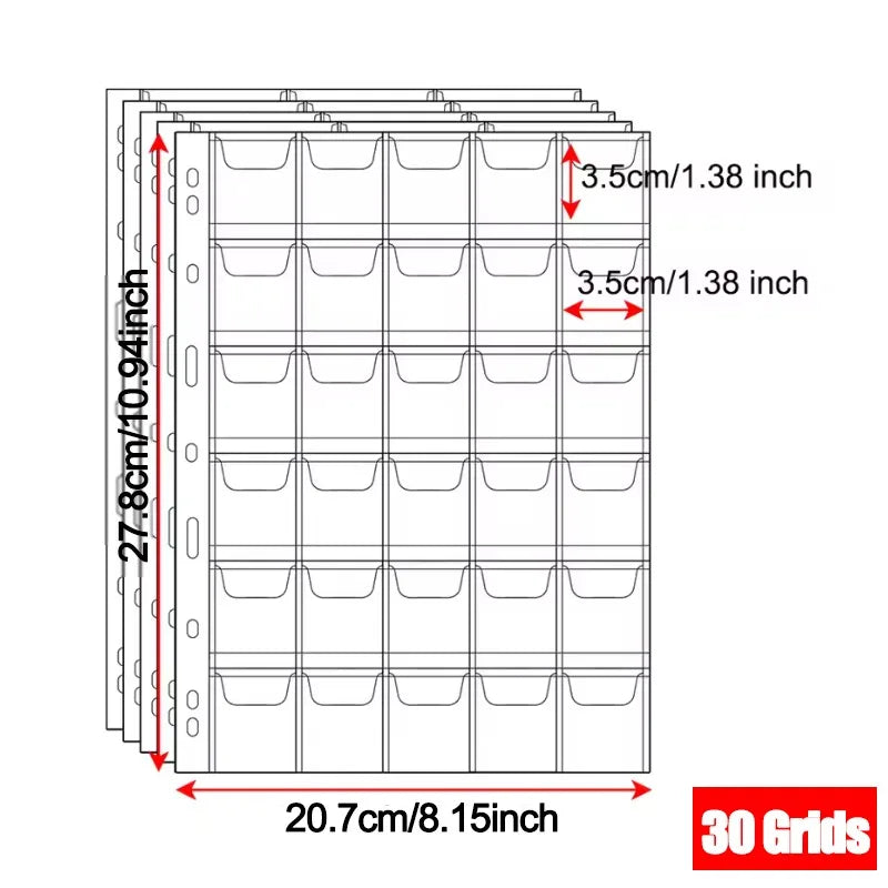 A grid of 30 slots for a coin collection album with PVC transparent pages.