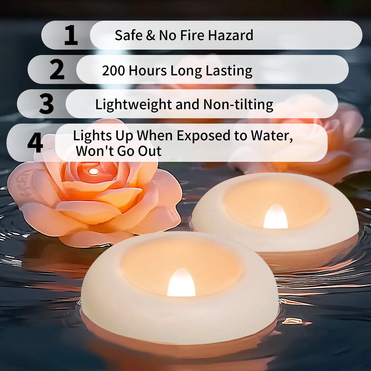 Un ensemble de bougies LED blanches flottantes éclairant l'eau, démontrant sécurité et longévité.