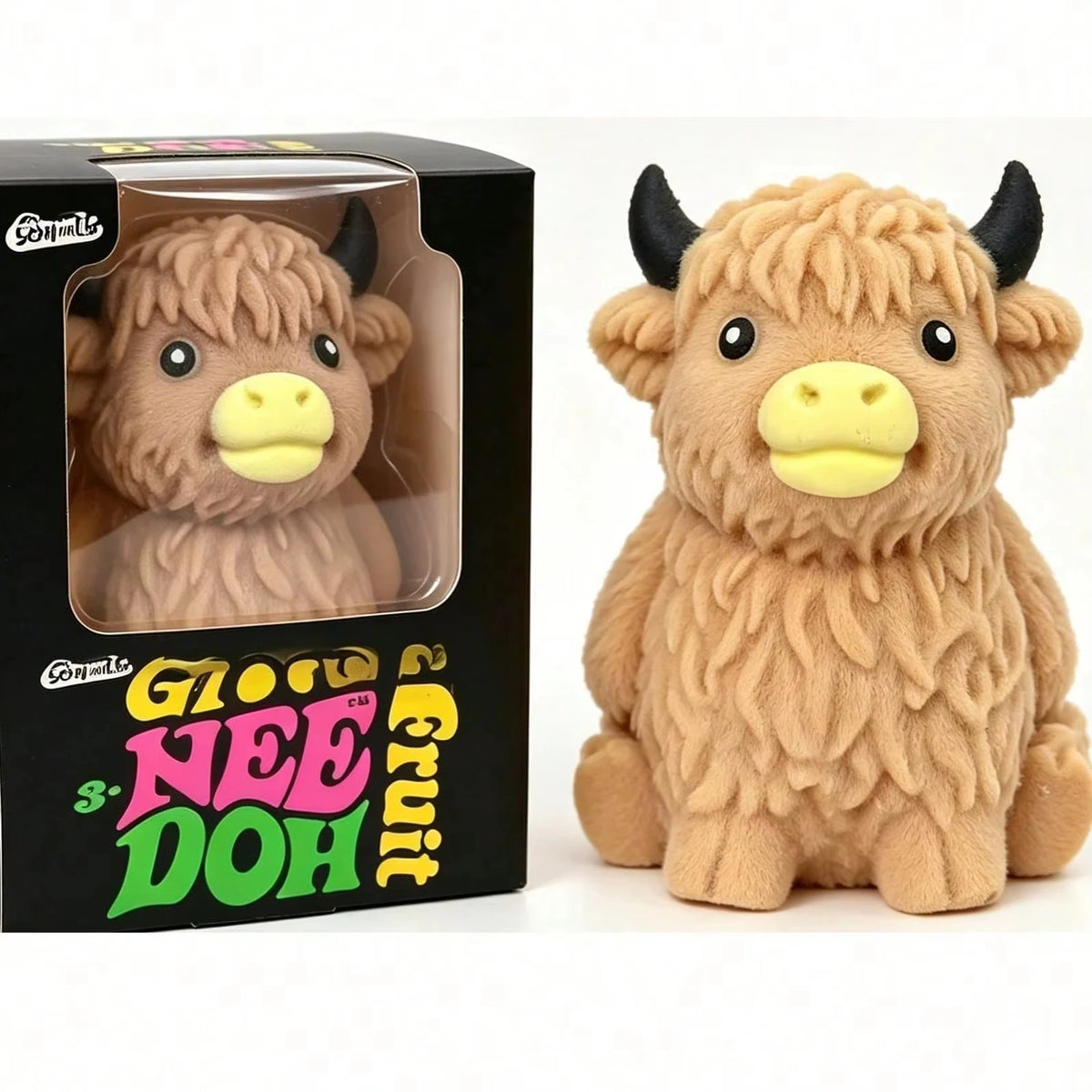 A fluffy brown Scottish Highland cow squishy stress relief toy in its packaging.