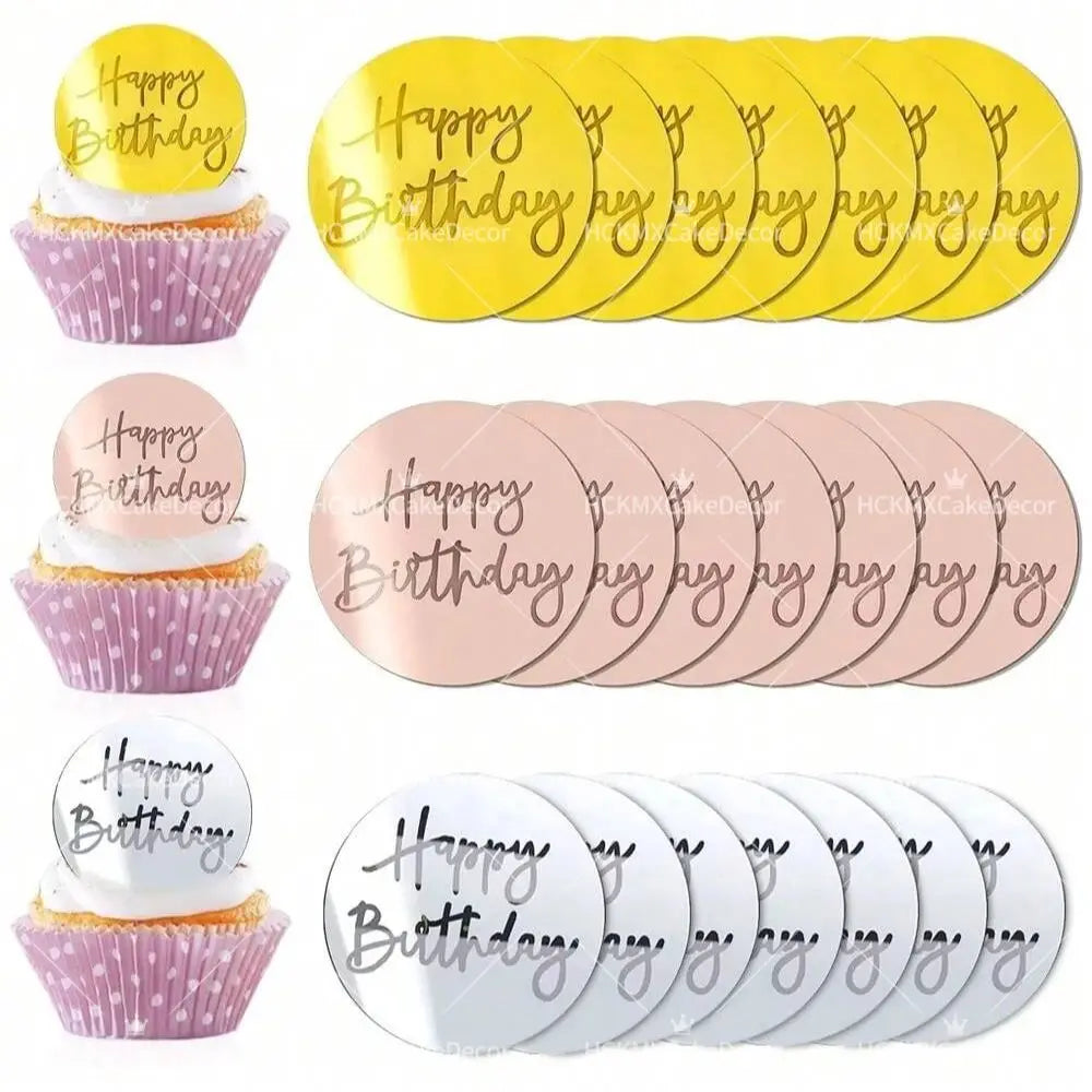 A set of mirror acrylic happy birthday cake toppers in gold and rose gold colors.