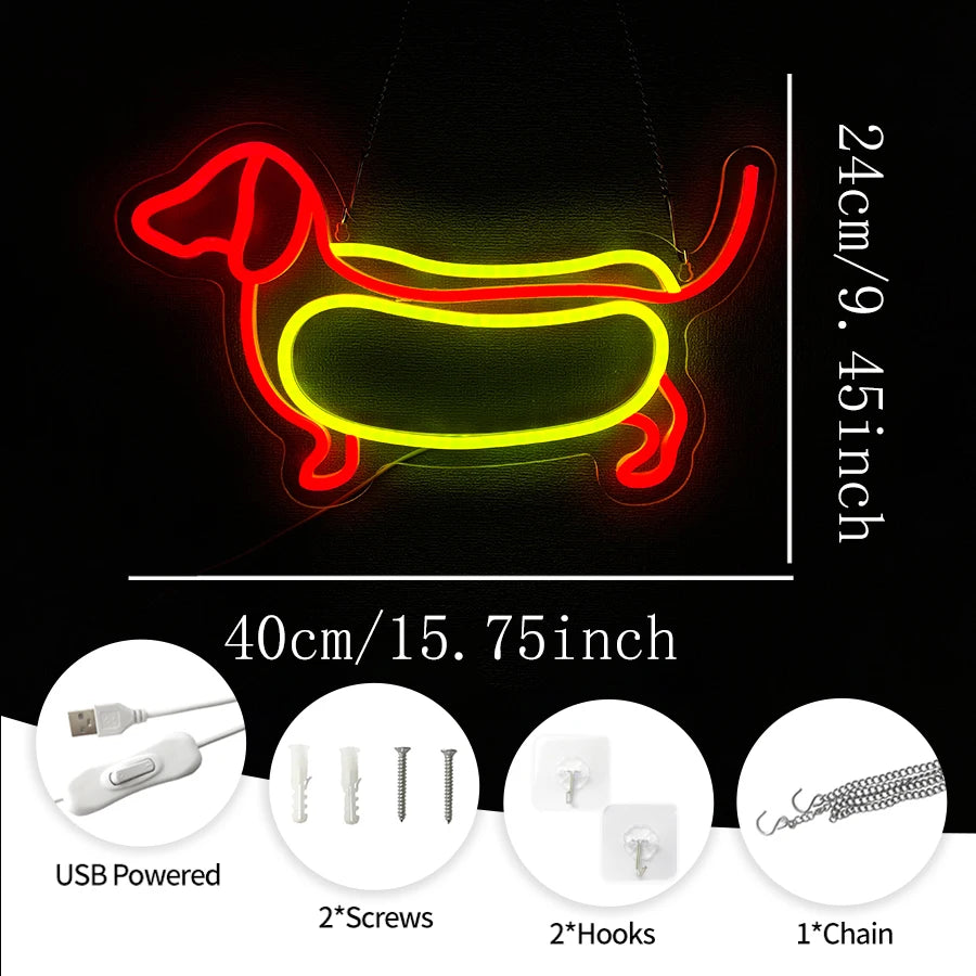 Neon sign shaped like a dachshund dog in red and yellow light with mounting hardware details