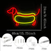 Neon sign shaped like a dachshund dog in red and yellow light with mounting hardware details