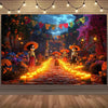 A vibrant Day of the Dead backdrop featuring a path lined with candles and sugar skulls under string lights and colorful bann