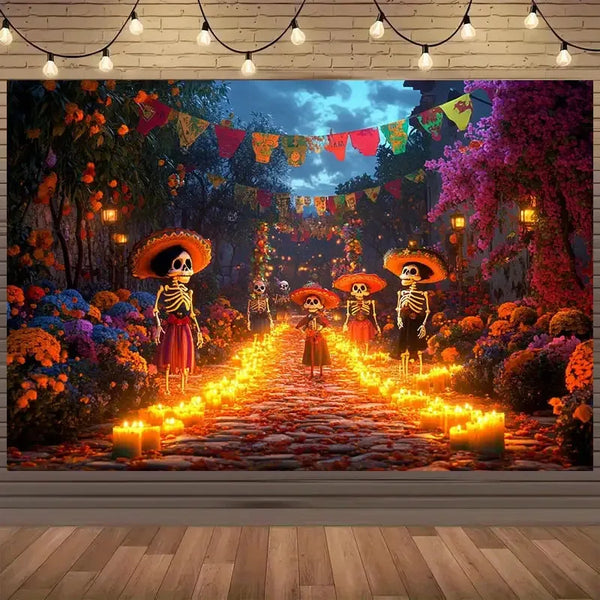 A vibrant Day of the Dead backdrop featuring a path lined with candles and sugar skulls under string lights and colorful bann