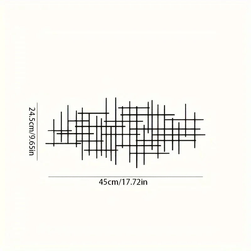 Abstract sculpture of geometric metal lines forming a textured wall art piece.