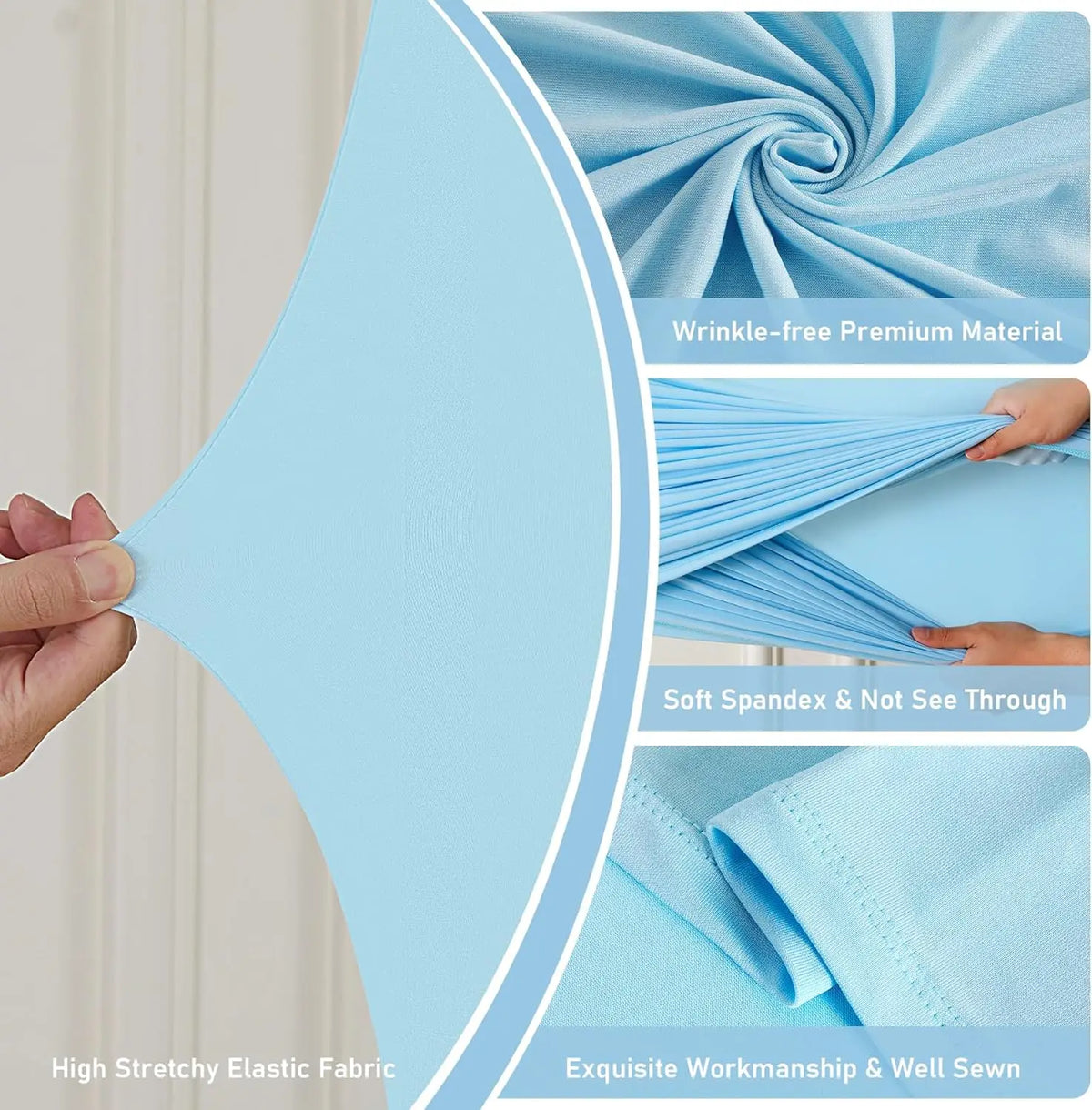 Tela azul claro y elástica usada como cubierta sin arrugas, con detalles de primer plano del material y la costura.