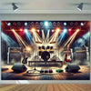 A vibrant stage backdrop featuring a rock band setup with bright spotlights and musical equipment.