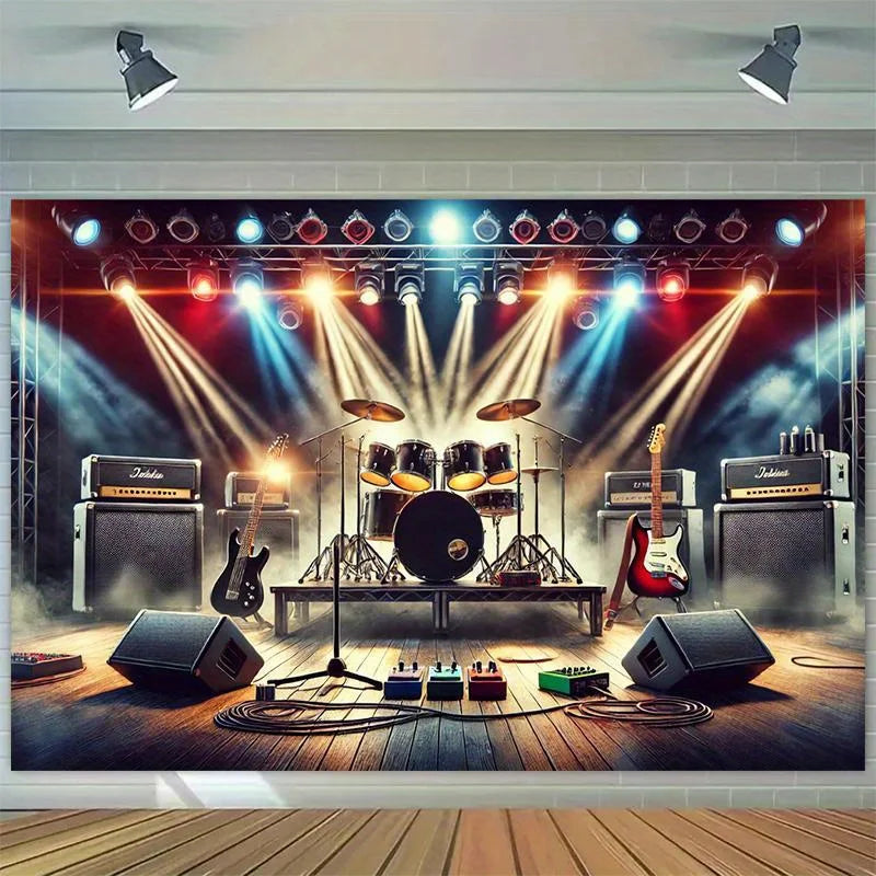 A vibrant stage backdrop featuring a rock band setup with bright spotlights and musical equipment.