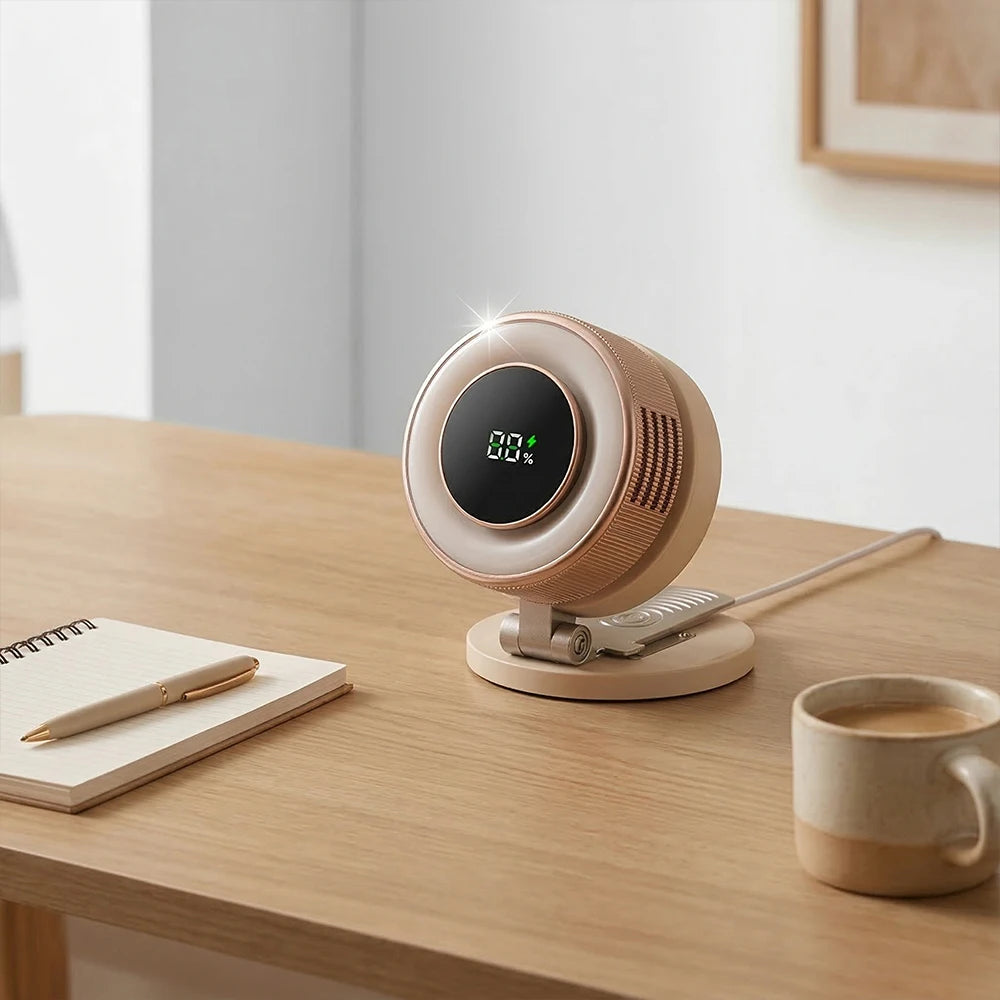 A beige magnetic bladeless handheld fan with a light wood base rests on a wooden table next to a notebook and a cup.