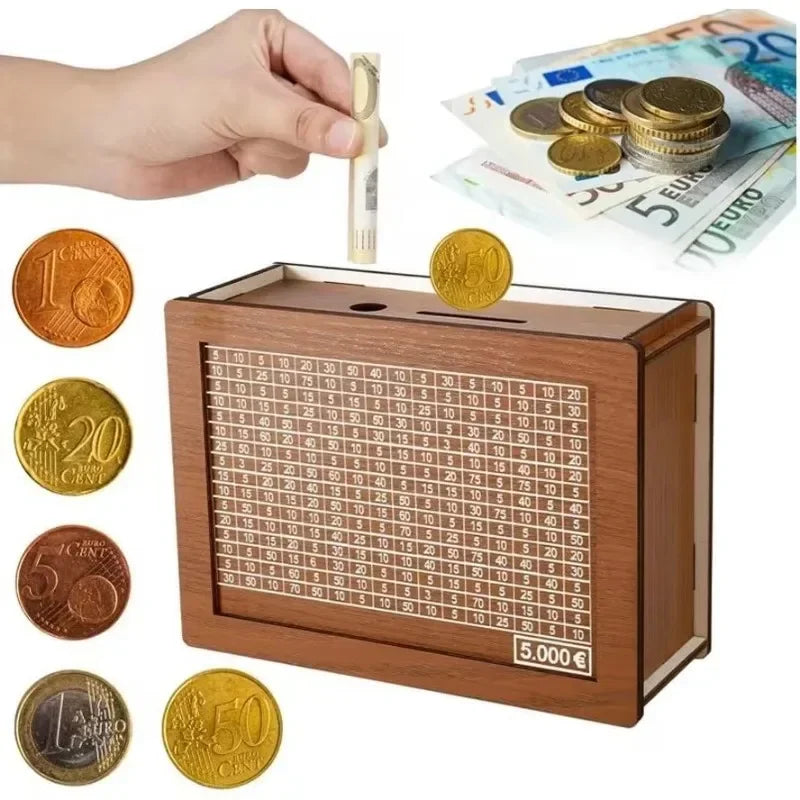A wooden money saving box with a grid tracker is shown next to various Euro coins and banknotes.