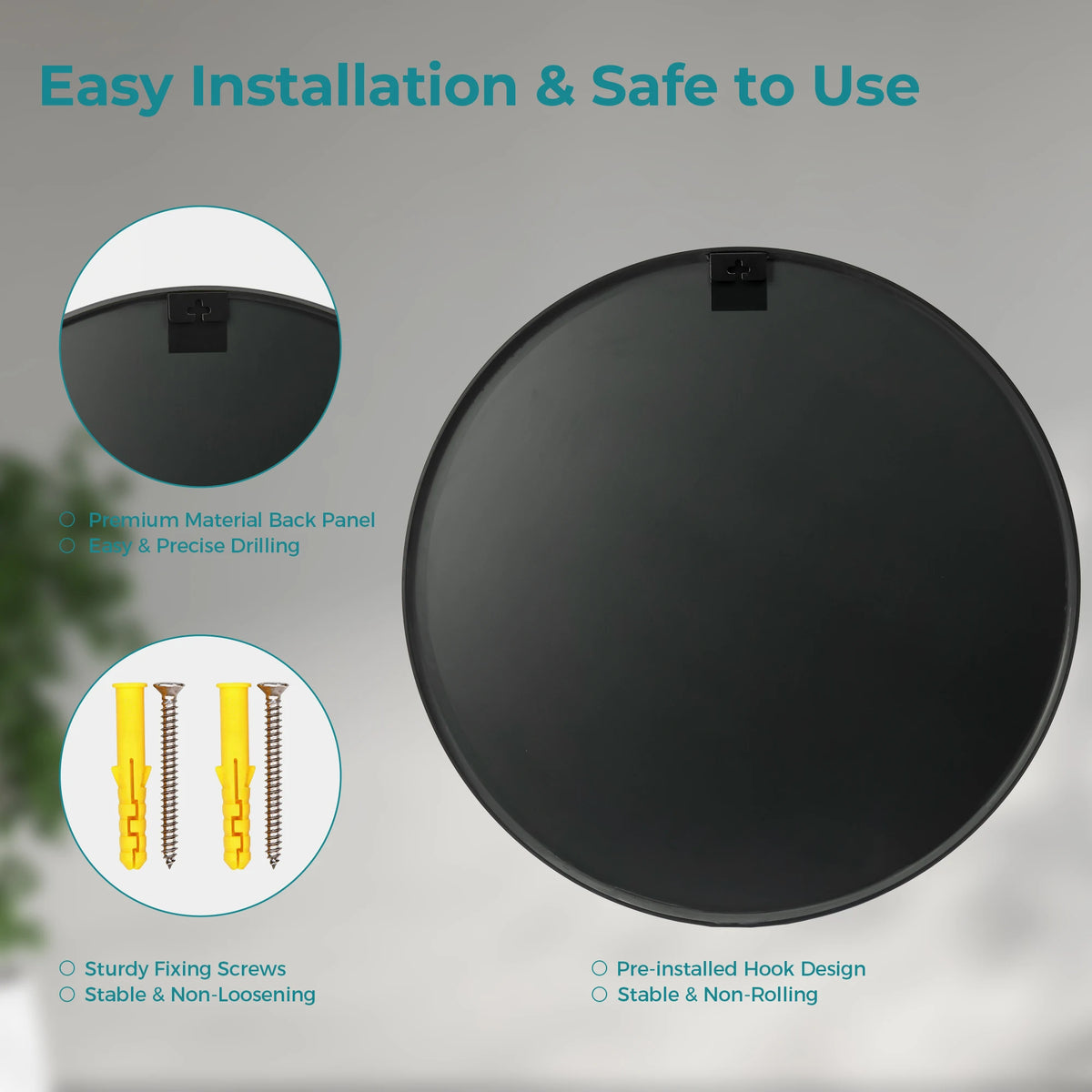 A round, matte black decorative wall mirror with a pre-installed hook design.