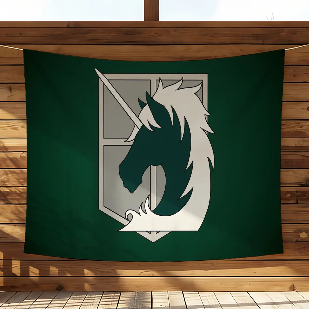 A dark green banner displaying a silver crest of a horse's head on a wooden wall.