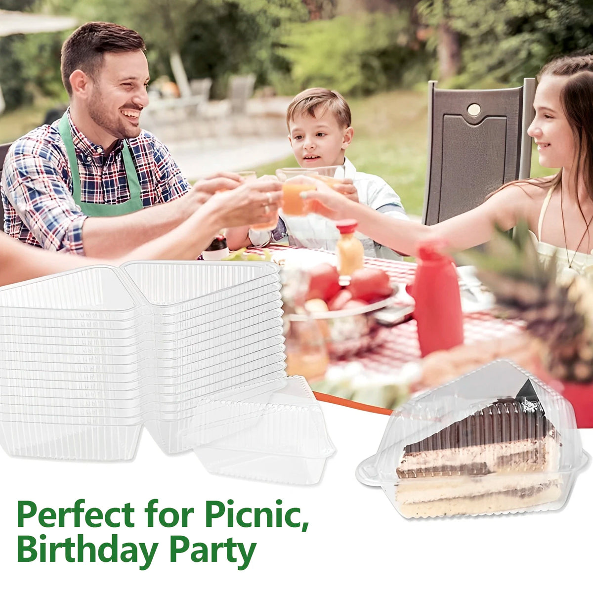 Clear reusable triangle containers for serving cake slices at a picnic or birthday party