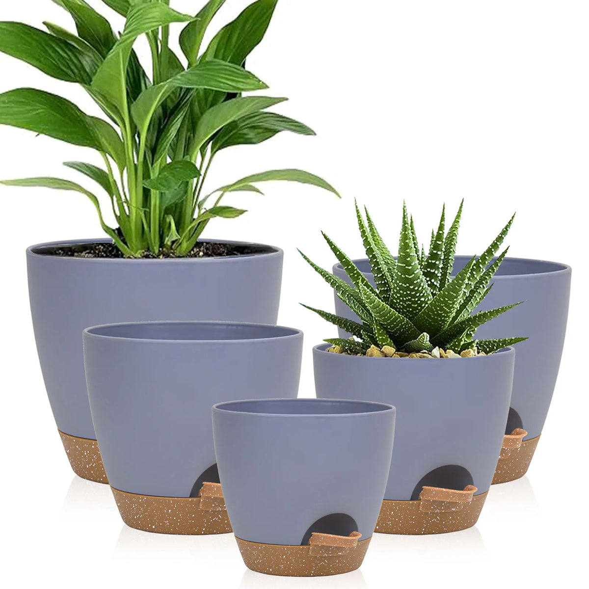 A set of five gray self-watering flower pots for indoor plants with natural fiber accents.