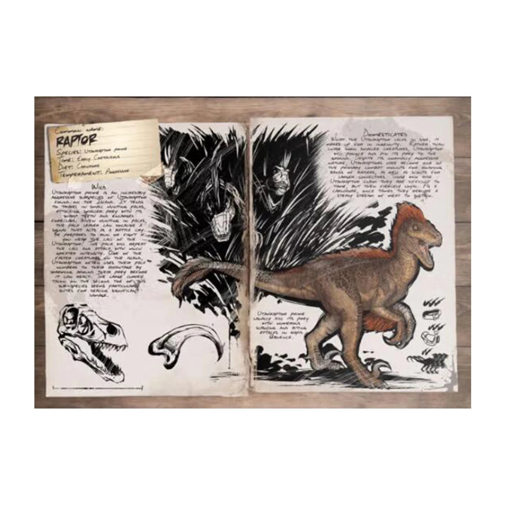 Vintage illustration of a raptor dinosaur with accompanying text and skeletal drawings on aged paper.