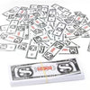 A pile of fake money slips and bills scattered on a white background.