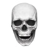 A realistic full-head skull mask with a movable jaw, shown in grayscale.