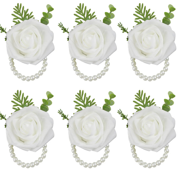 Elegant wrist corsage bracelet featuring white silk roses for weddings