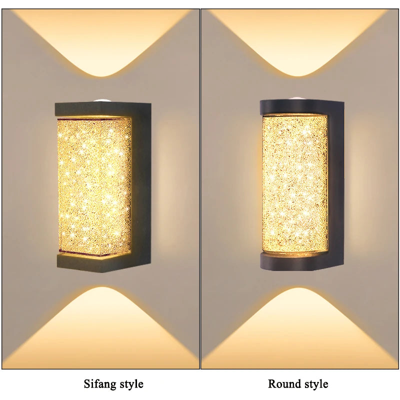 Two outdoor wall sconces, one in a Sifang style and one in a Round style, featuring warm yellow LED crystals.
