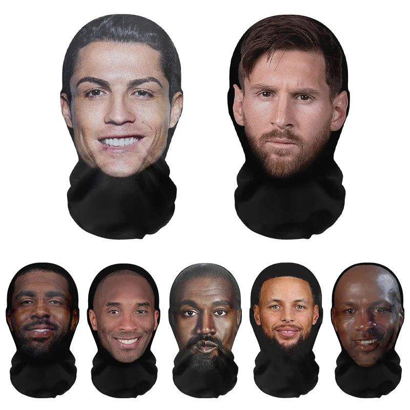 A collection of 3D printed celebrity cosplay masks featuring various male celebrities.