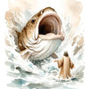 Watercolor illustration of a fish leaping out of the water, with a figure in robes emerging from the spray.