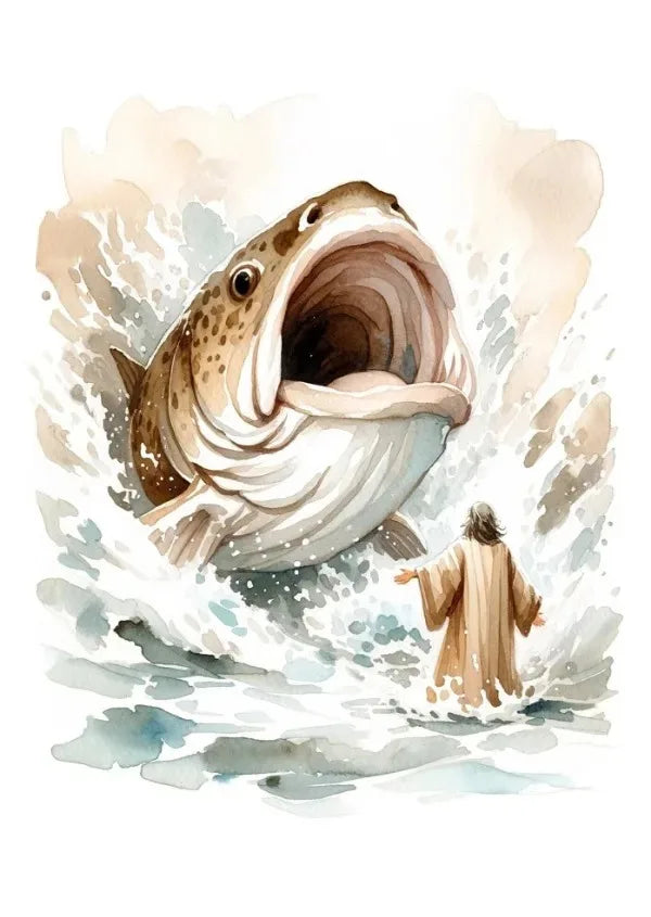 Watercolor illustration of a fish leaping out of the water, with a figure in robes emerging from the spray.