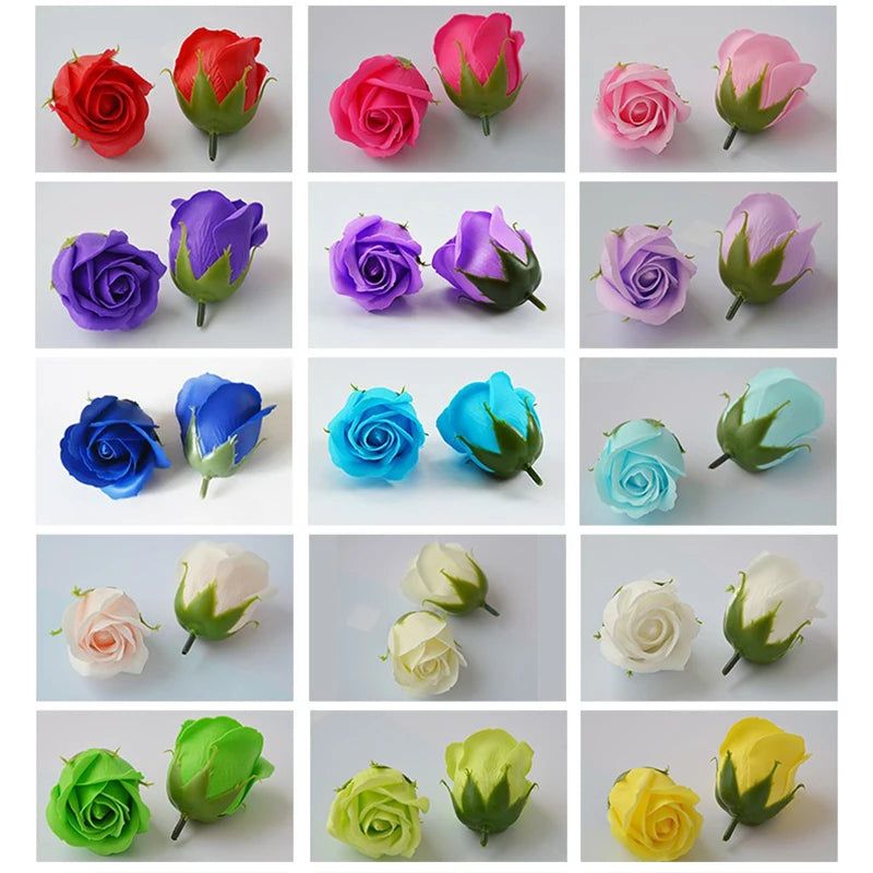 A grid of artificial rose flower heads in various shades of red, pink, purple, blue, and green.