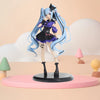 A detailed figure of a Gothic Lolita Miku action fairy doll with long light blue hair and a black outfit displayed on a pink 