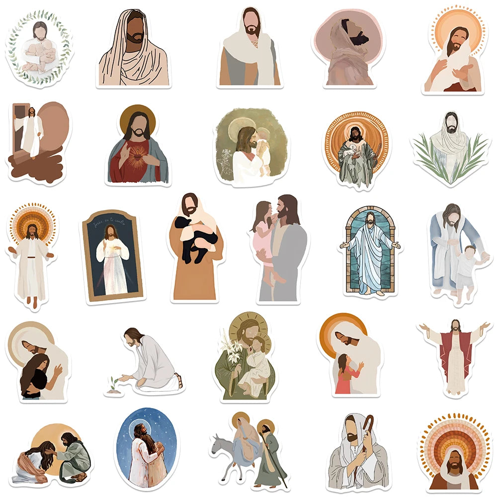 A collection of aesthetic faith stickers featuring various religious figures and scenes.