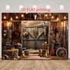 2D flat printing of a western barn door photo backdrop featuring cowboy hats and horses