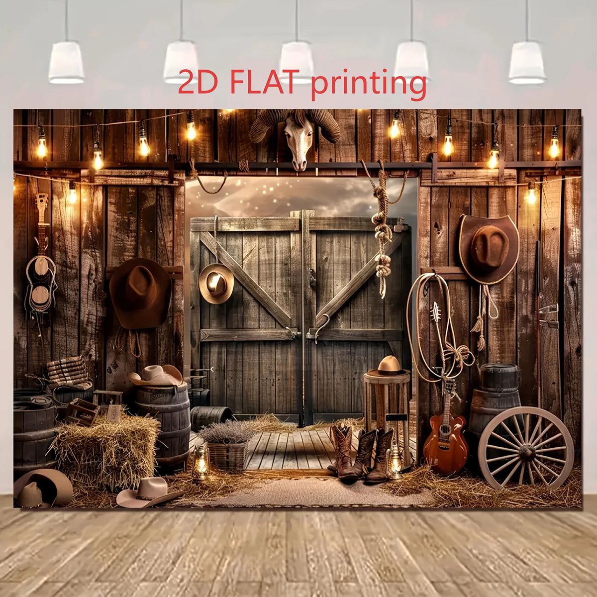 2D flat printing of a western barn door photo backdrop featuring cowboy hats and horses