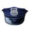A dark blue police officer costume hat with a silver badge featuring a star and the word SPECIAL POLICE.