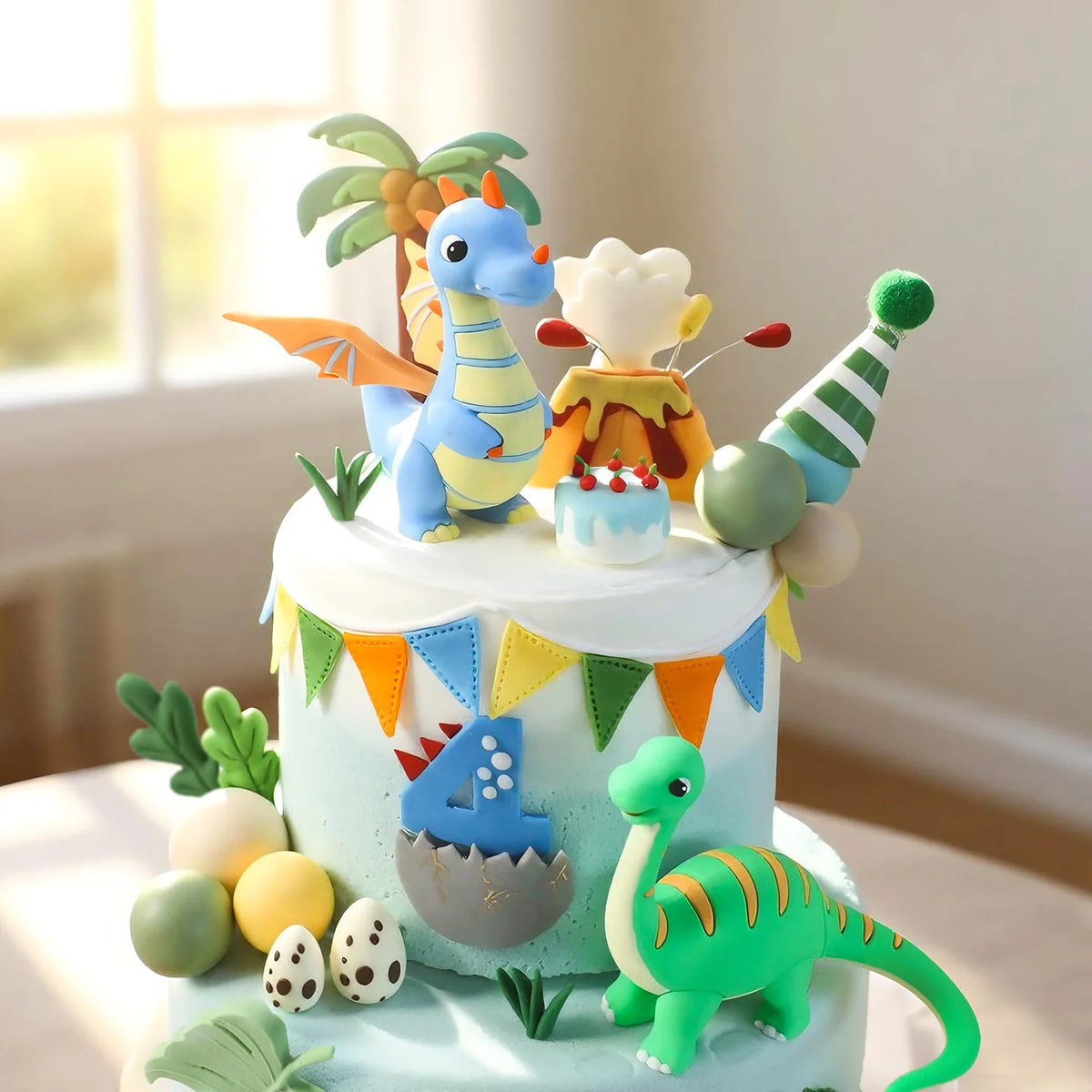 Un pastel decorado con figuras de dinosaurios, incluyendo uno azul, uno amarillo y uno verde.